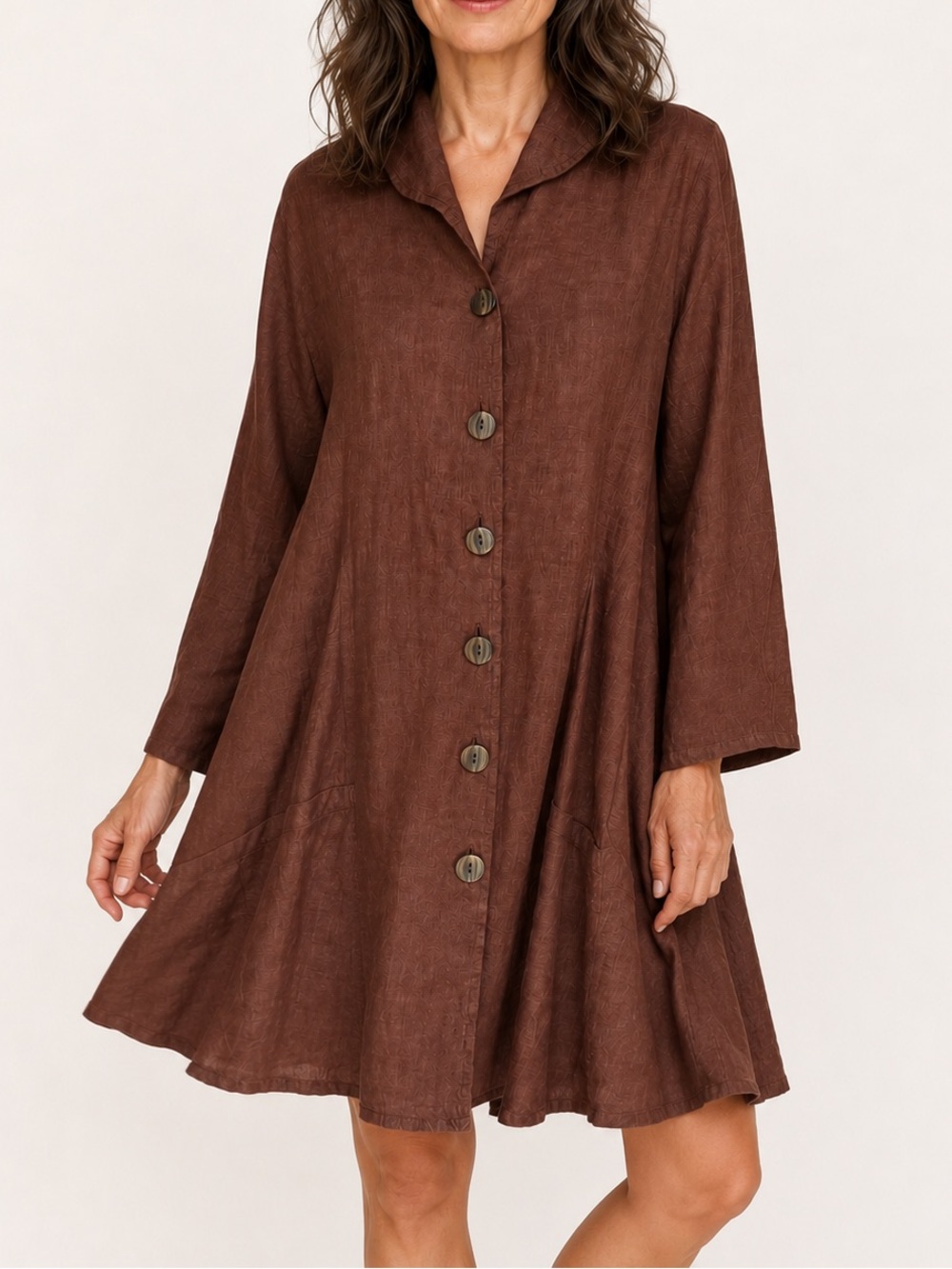FLAX Brown 100% Linen Button Front Midi Dress Pockets Lithuania M